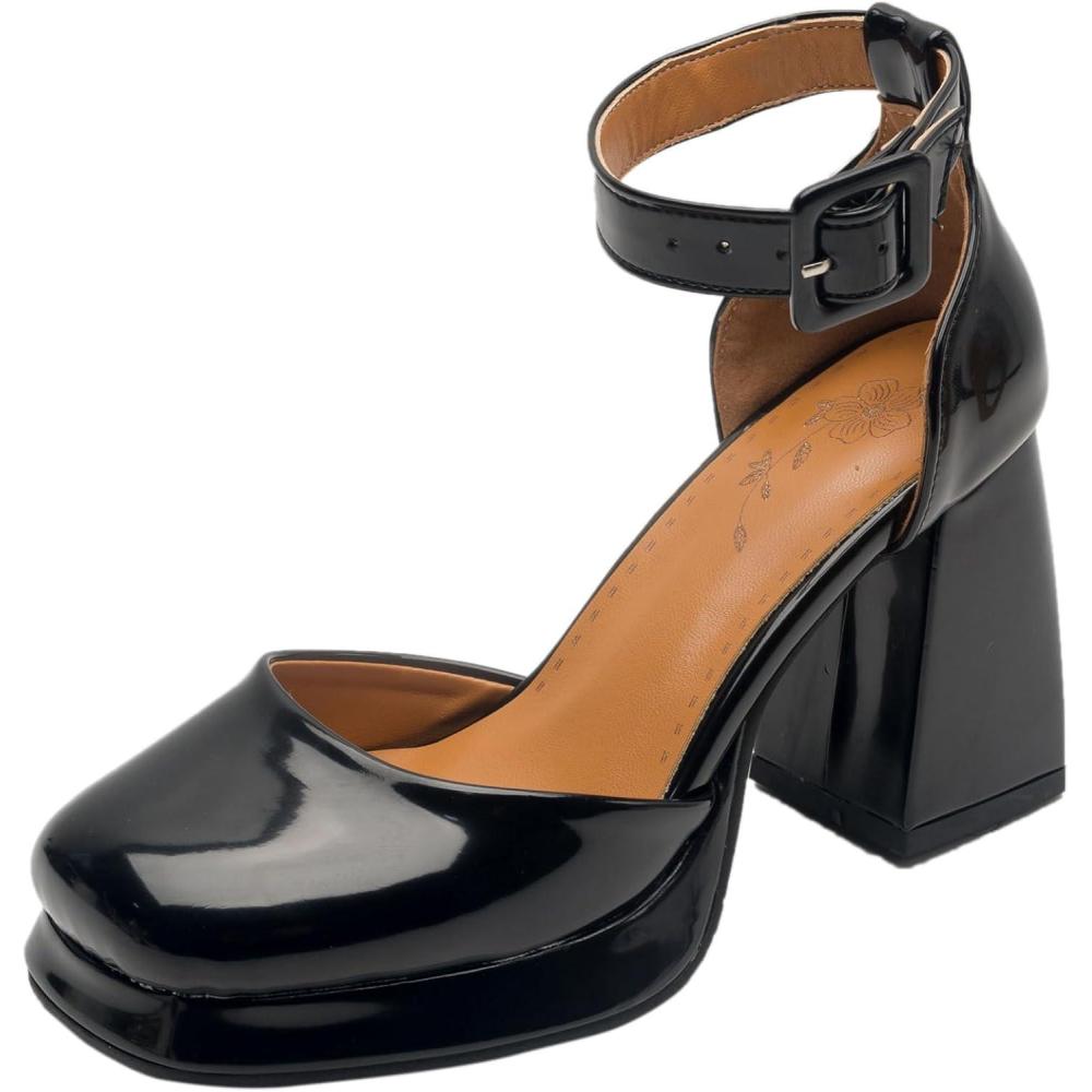 image:imageEscarpins talons pais pour femme avec boucle de cheville Chaussures plateforme avec pointe carreNoir