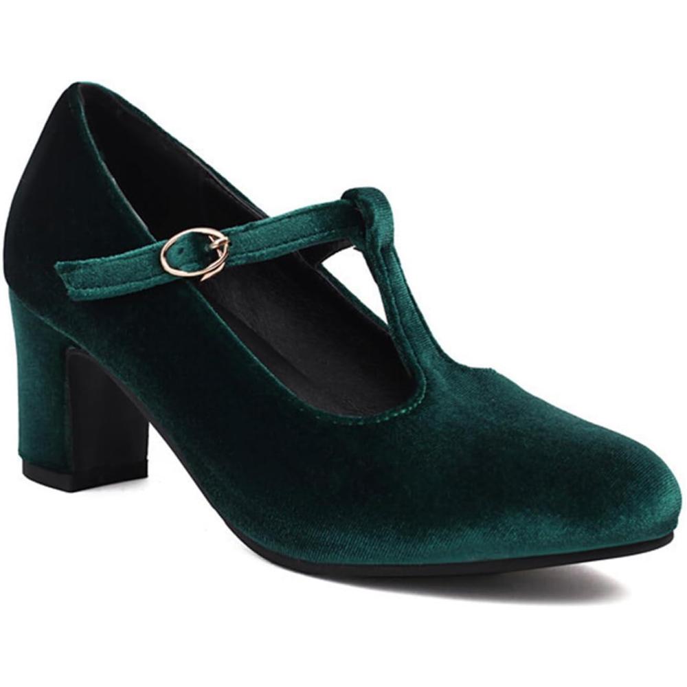 image:imageMary Jane pour Femmes pour Le Travail Chaussures Habilles Talons Bas pour Femmes Talons pais De 25 Pouces Escarpins Ronds Ferms Bride De Cheville en Forme De TGreen