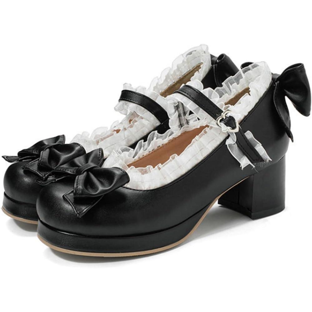 image:imageOTMYIGO Chaussures Plateforme Mignonnes pour Femmes Talons pais Mary Jane nud et Bordure en Dentelle Escarpins de soireNoir