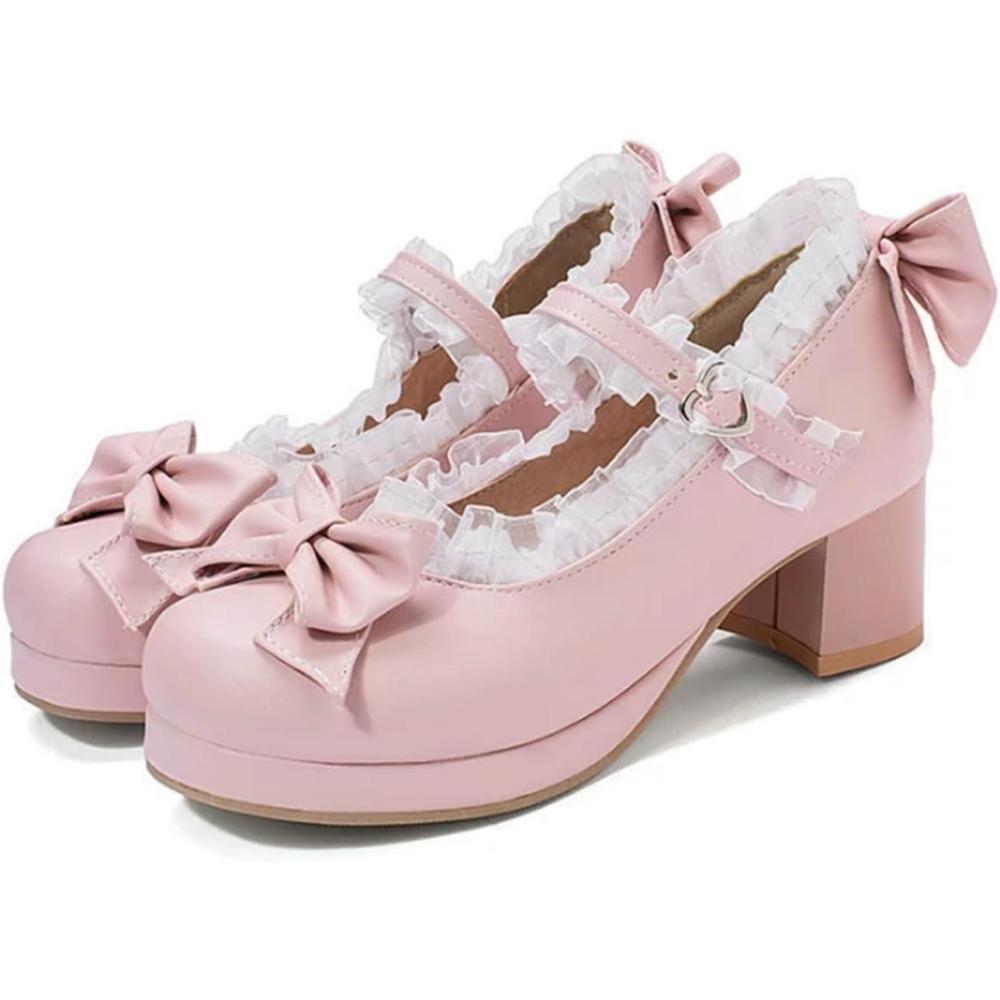 image:imageOTMYIGO Chaussures Plateforme Mignonnes pour Femmes Talons pais Mary Jane nud et Bordure en Dentelle Escarpins de soirePink