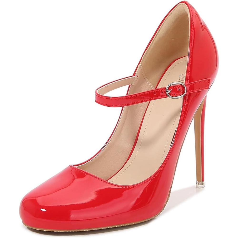 image:imageTalons Hauts de 12 cm pour Femmes Escarpins lgants Bout Rond et Bride Cheville pour Mariages soires soires et crmonies pour AdultesRed