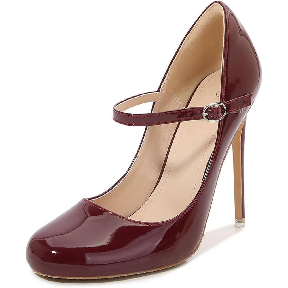image:imageTalons Hauts de 12 cm pour Femmes Escarpins lgants Bout Rond et Bride Cheville pour Mariages soires soires et crmonies pour AdultesWine Red