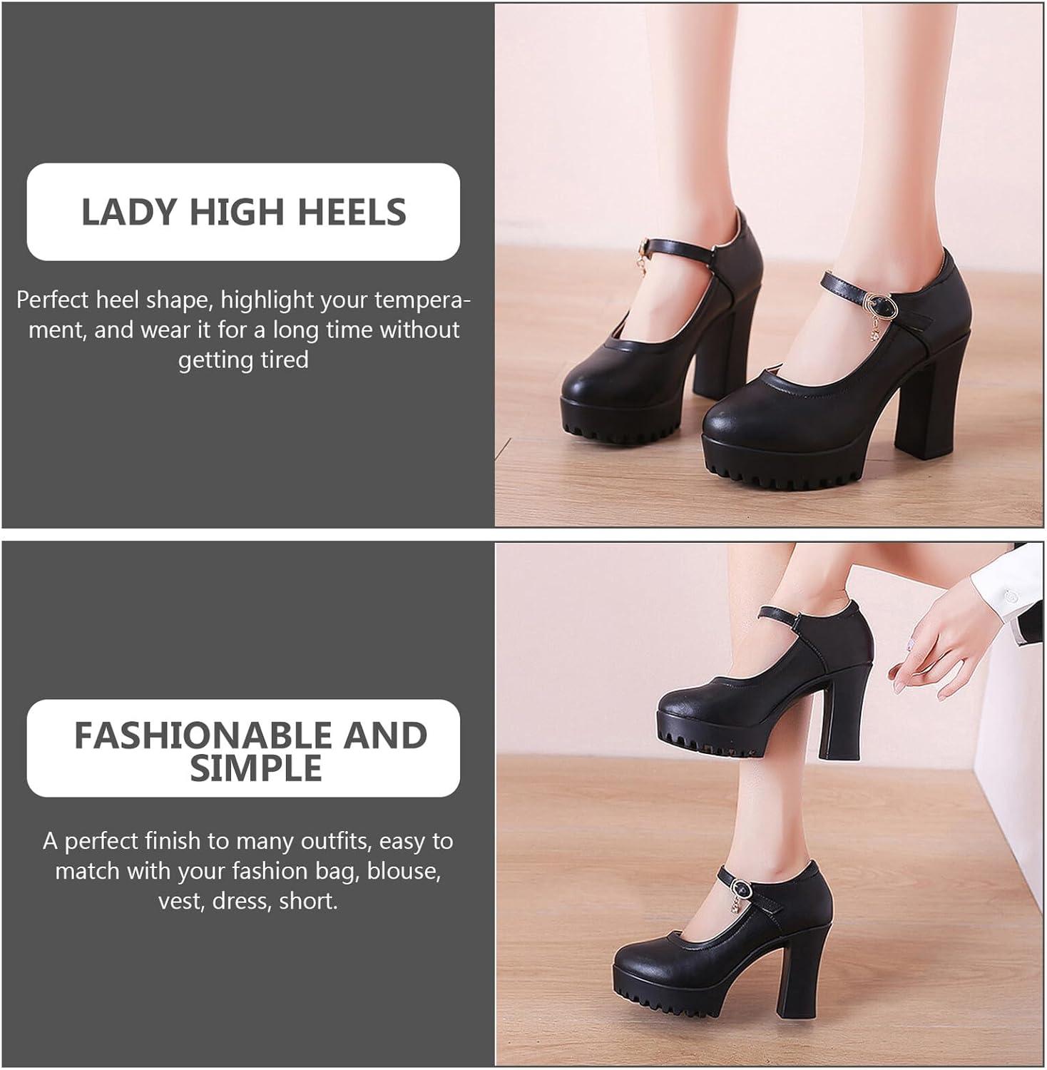 image:imageSUPVOX Chaussures Talons Hauts Bout Rond Noires pour Femmes Bride Unique Synthtique PU Et Caoutchouc Talons pais Dcontracts Travail Et Fte Pointure 38