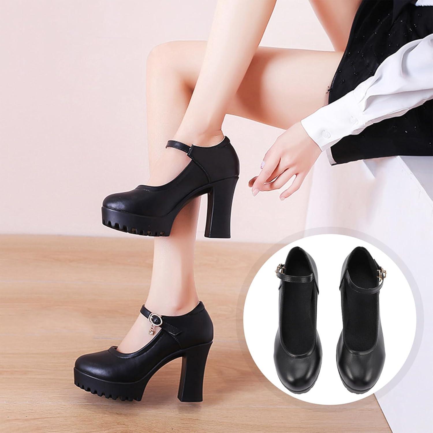 image:imageSUPVOX Chaussures Talons Hauts Bout Rond Noires pour Femmes Bride Unique Synthtique PU Et Caoutchouc Talons pais Dcontracts Travail Et Fte Pointure 38