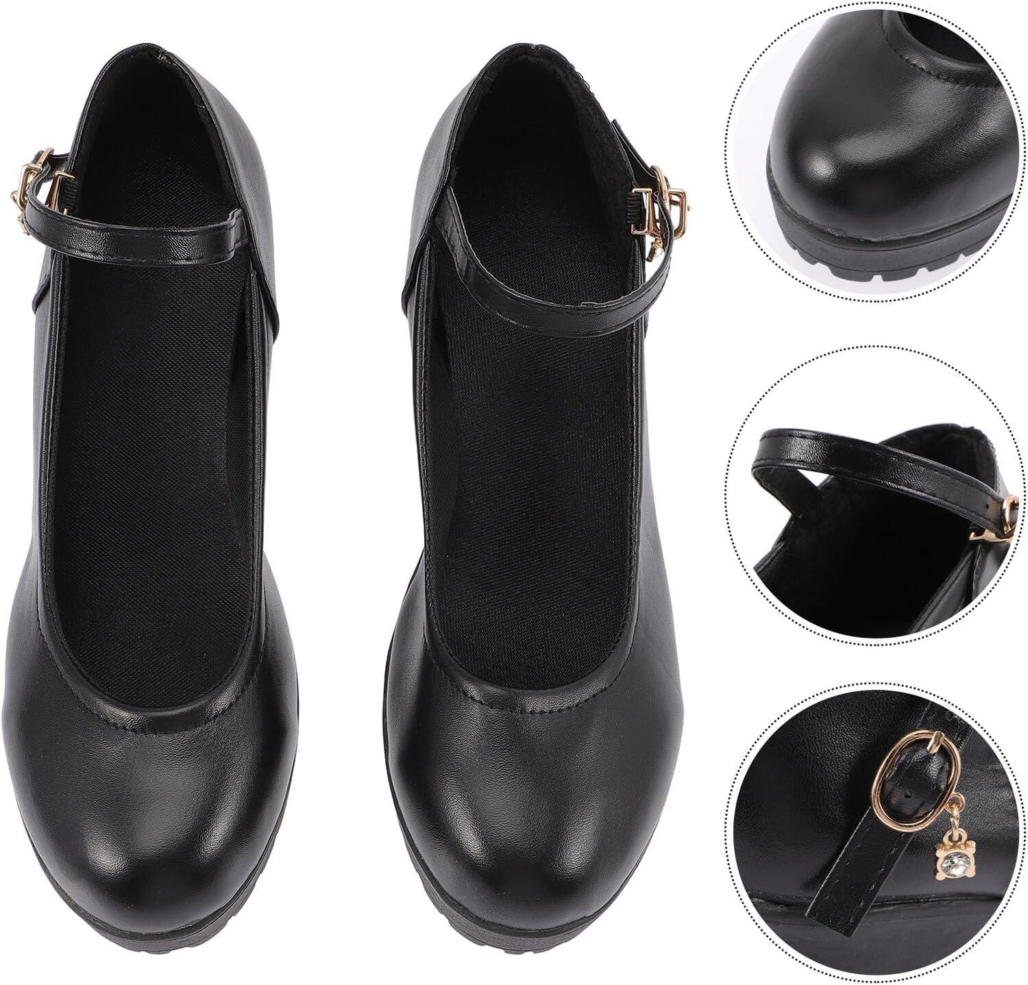 image:imageSUPVOX Chaussures Talons Hauts Bout Rond Noires pour Femmes Bride Unique Synthtique PU Et Caoutchouc Talons pais Dcontracts Travail Et Fte Pointure 38