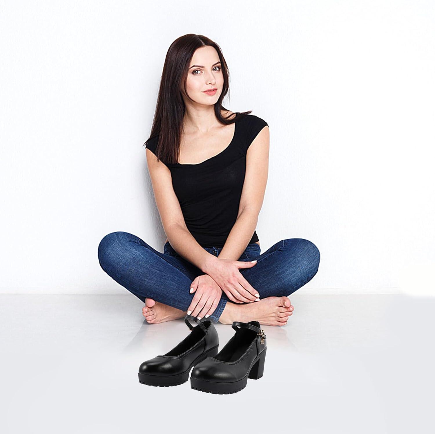 image:imageSUPVOX Chaussures Talons Hauts Bout Rond Noires pour Femmes Bride Unique Synthtique PU Et Caoutchouc Talons pais Dcontracts Travail Et Fte Pointure 38