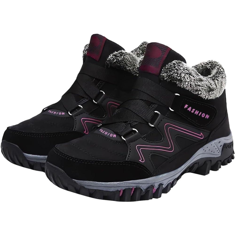 image:imageBottes dhiver pour femme  Impermables  Chaudes  Doublure en fourrure  Chaussures de randonne lgres et confortables  Chaussures thermiques  lacets  Antidrapantes  Chaussures de travail enRose Vif