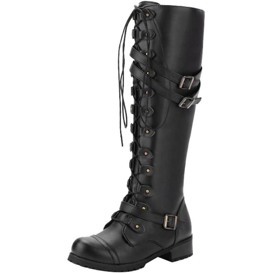 image:imageBottes dquitation lacets pour femme Bottes de combat Bottes en cuir antidrapantes Bottes longues Bottes dhiver Bottes de travail pour lautomne et lhiverNoir