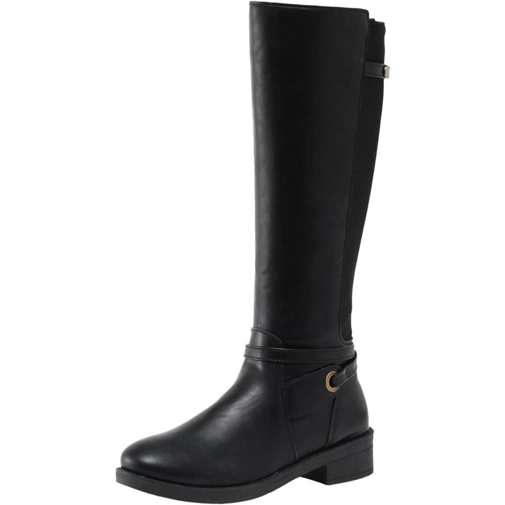 image:imageBottes dquitation confortables et extensibles pour femme Bout rond Fermeture clair latrale Vintage Talons bas Antidrapantes enfiler Bottes mimollet Pour la marche en plein airNoir