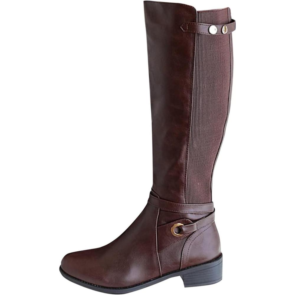 image:imageBottes dquitation confortables et extensibles pour femme Bout rond Fermeture clair latrale Vintage Talons bas Antidrapantes enfiler Bottes mimollet Pour la marche en plein airMarron
