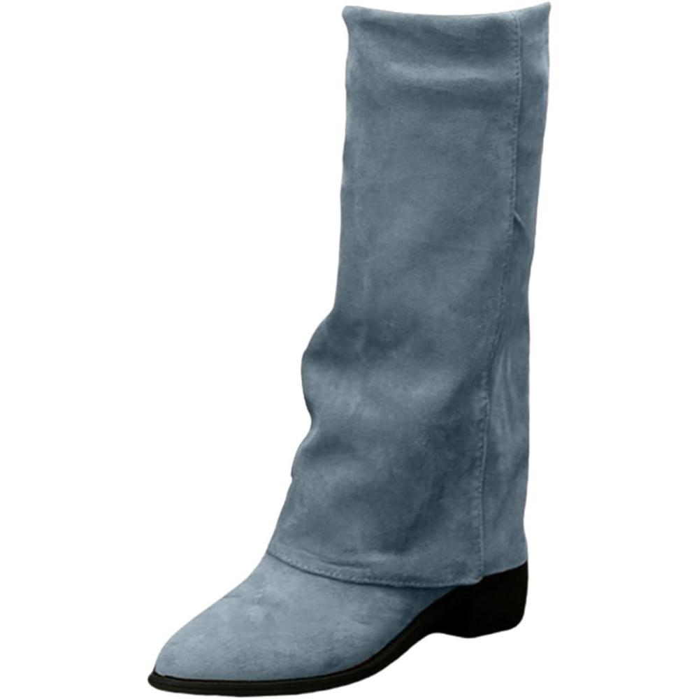 image:imageBottes hautes pliables pour femme Bottines pour femme avec talon Bottes enfiler Talon bloc Bottes hautes Bout pointu Bottes longues lgantes et confortables Bottes de cowboy pourBleu