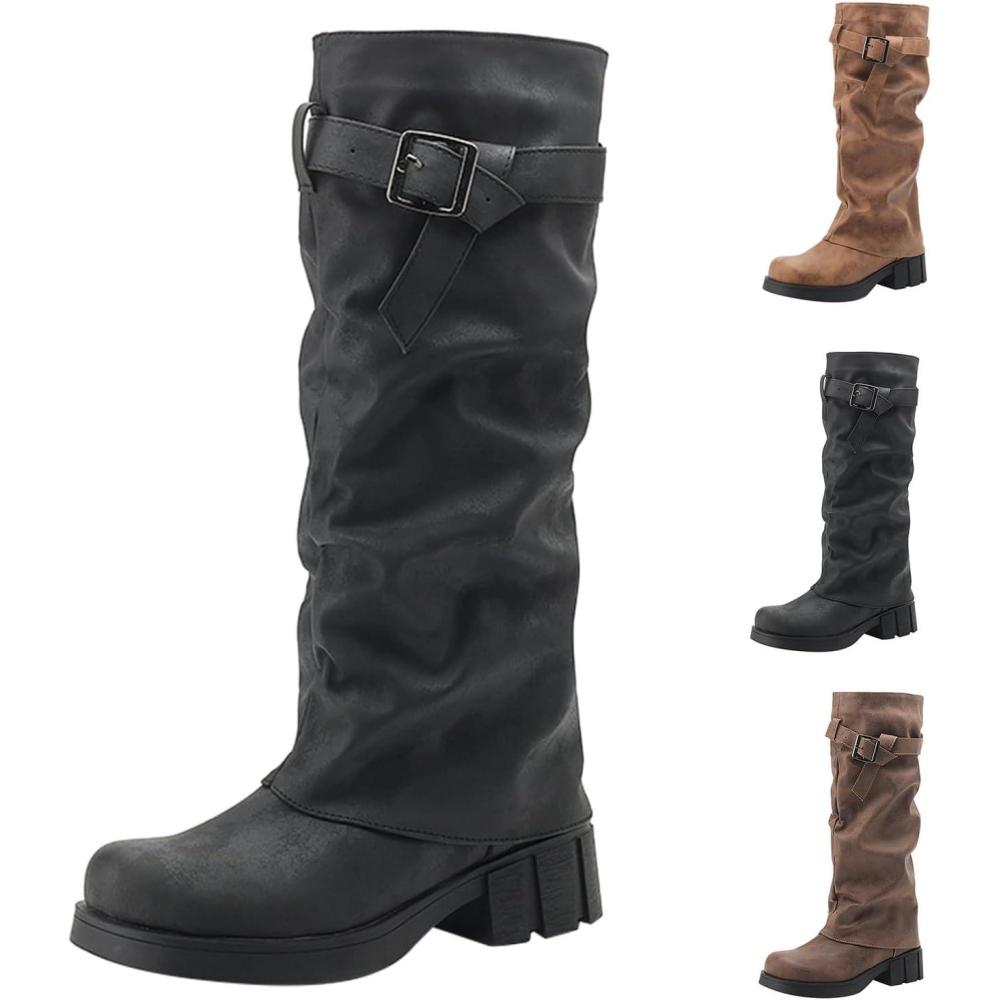 image:imageBottes western pour femme Bout rond Bottes hautes pour femme Bottes de cowboy avec boucle Bottes longues en daim Bottes enfiler Bottes gothiques punk plateauNoir