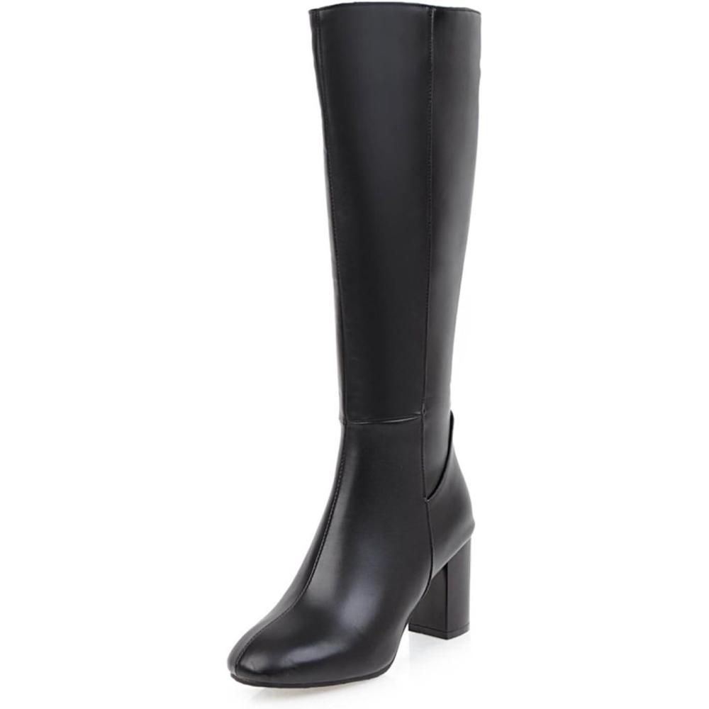 image:imageBottines chaudes pour femme Bottes hautes lgantes et sexy Bout rond Plateformes talons hauts Bottes pour femme Automne et hiver Fermeture clair En cuir synthtiqueNoir