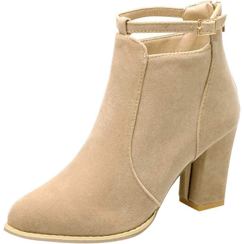 image:imageBottines pour femme avec talon bloc moyen pour dames Talon bloc bas Fermeture clair Bottines noires dcontractes Chaussures de fte intelligentes Bottes pour femme avec chevilles paissesBeige
