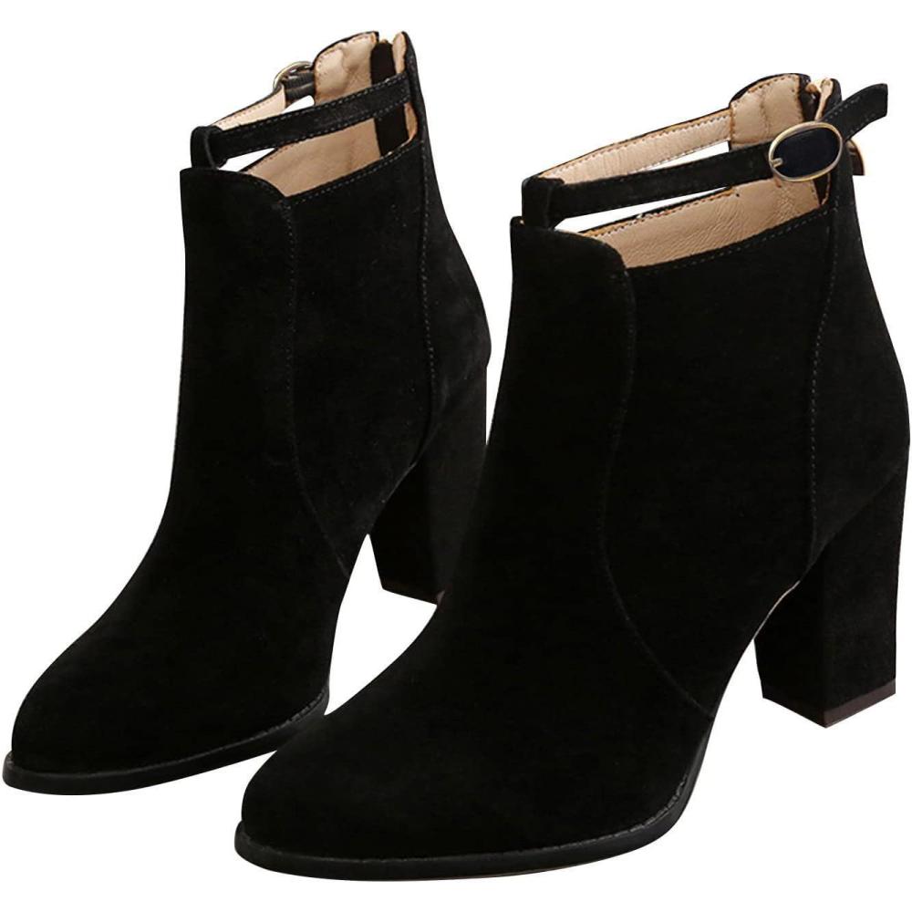 image:imageBottines pour femme avec talon bloc moyen pour dames Talon bloc bas Fermeture clair Bottines noires dcontractes Chaussures de fte intelligentes Bottes pour femme avec chevilles paissesNoir