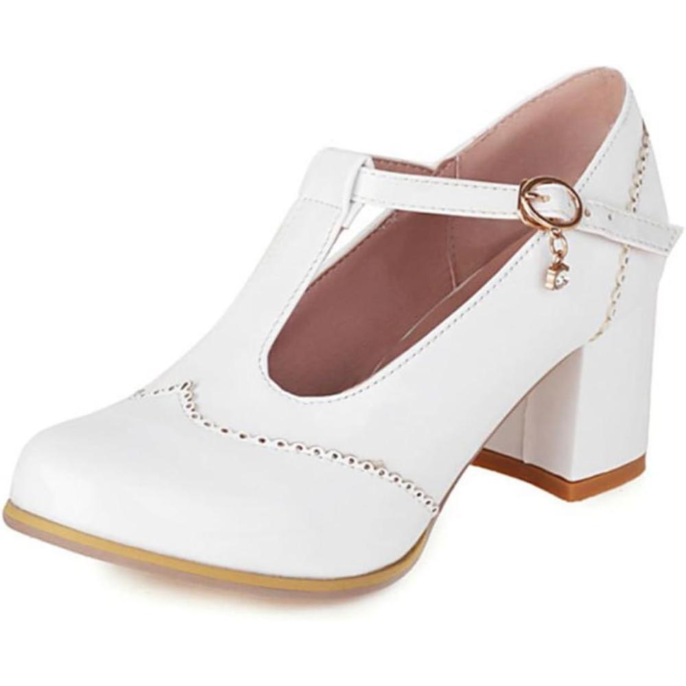 image:imageEscarpins Talon pais Mary Jane Bride en T Bout Rond Fermeture Boucle pour Travail Usage Quotidien et soires Tige en PU Semelle DurableWhite