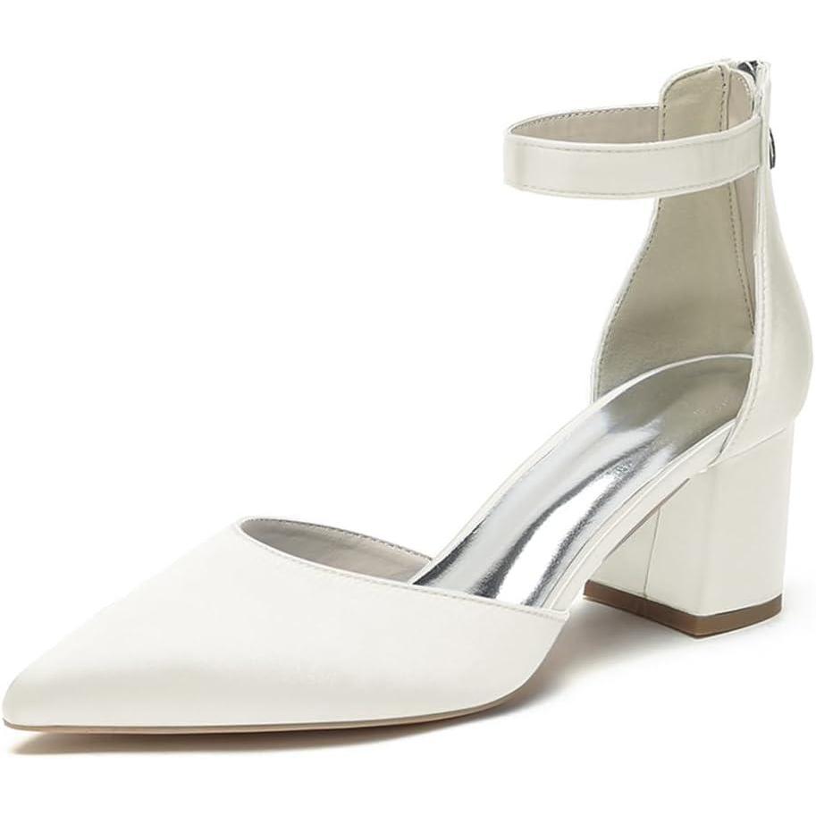 image:imageFemmes Bout Ferm Chaussures De Marie 6 Cm Talon pais Satine Chaussures De Mariage Bride Cheville Escarpins De FtesIvoire
