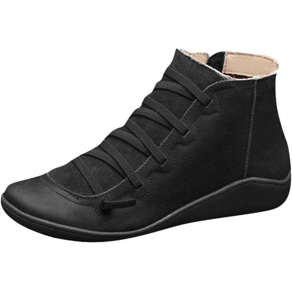 image:imageGenerisch 2025 Bottines rtro dcontractes lacets pour femme Bout rond En cuir Fermeture clair Bottes plates pour femmeNoir