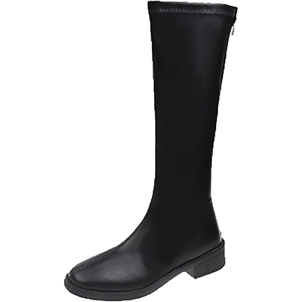 image:imageGenerisch Bottes lgantes en cuir pour femme avec talon Bottes longues avec fermeture clair Bottes longues pour femme Automne et hiver Bottes talon bloc Bottes de transitionNoir
