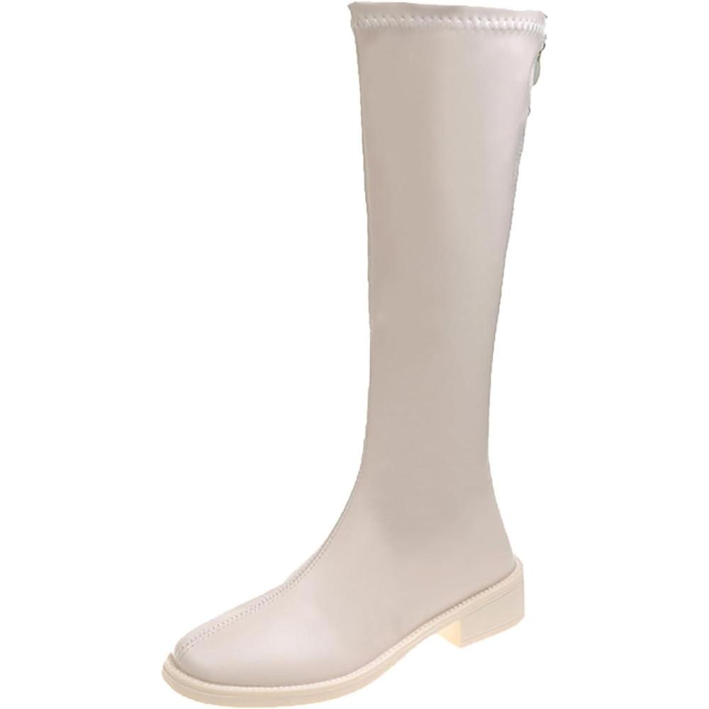 image:imageGenerisch Bottes lgantes en cuir pour femme avec talon Bottes longues avec fermeture clair Bottes longues pour femme Automne et hiver Bottes talon bloc Bottes de transitionBeige