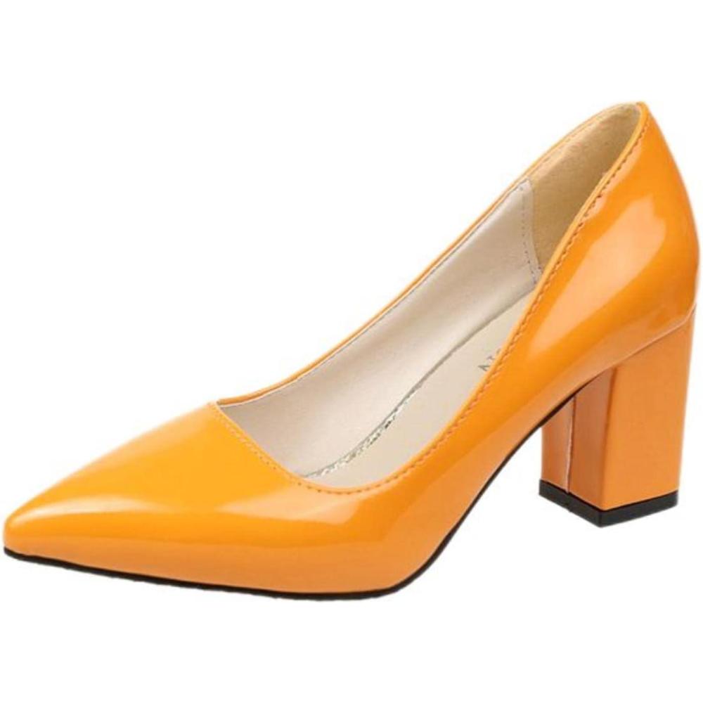 image:imageNouvelles chaussures pointues en cuir verni Tou de 75 cm pour femme Escarpins colors talons pais Travail bout pointu Orange Pointure 40