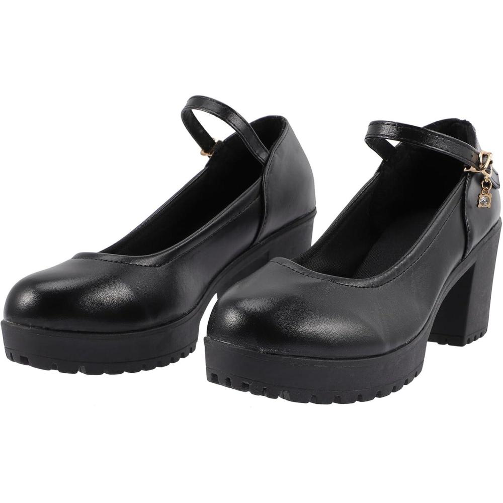 image:imageSUPVOX Chaussures Talons Hauts Bout Rond Noires pour Femmes Bride Unique Synthtique PU Et Caoutchouc Talons pais Dcontracts Travail Et Fte Pointure 38