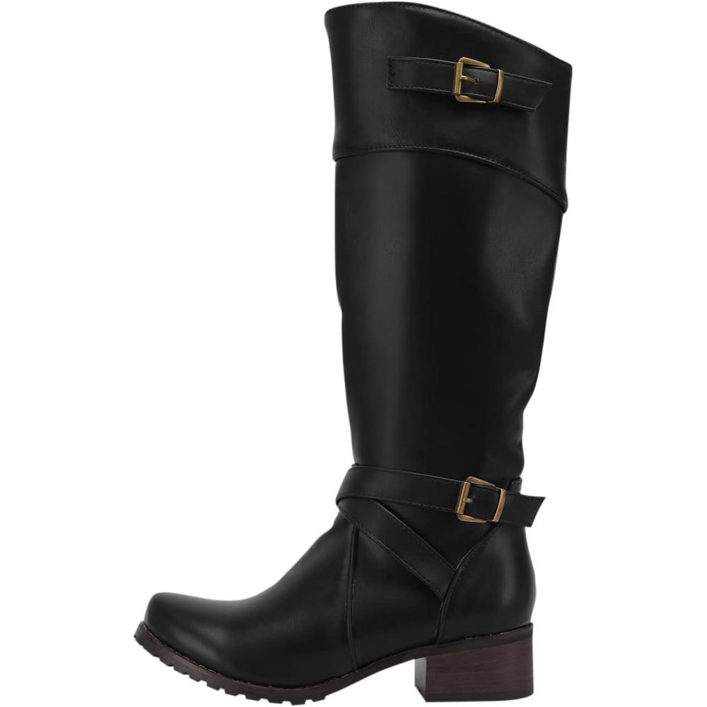 image:imageBottes montantes pour femme Large mollet Confortable Boucle bout rond Fermeture clair latrale lgante Talons bas Chaudes enfiler Bottes dhiverNoir