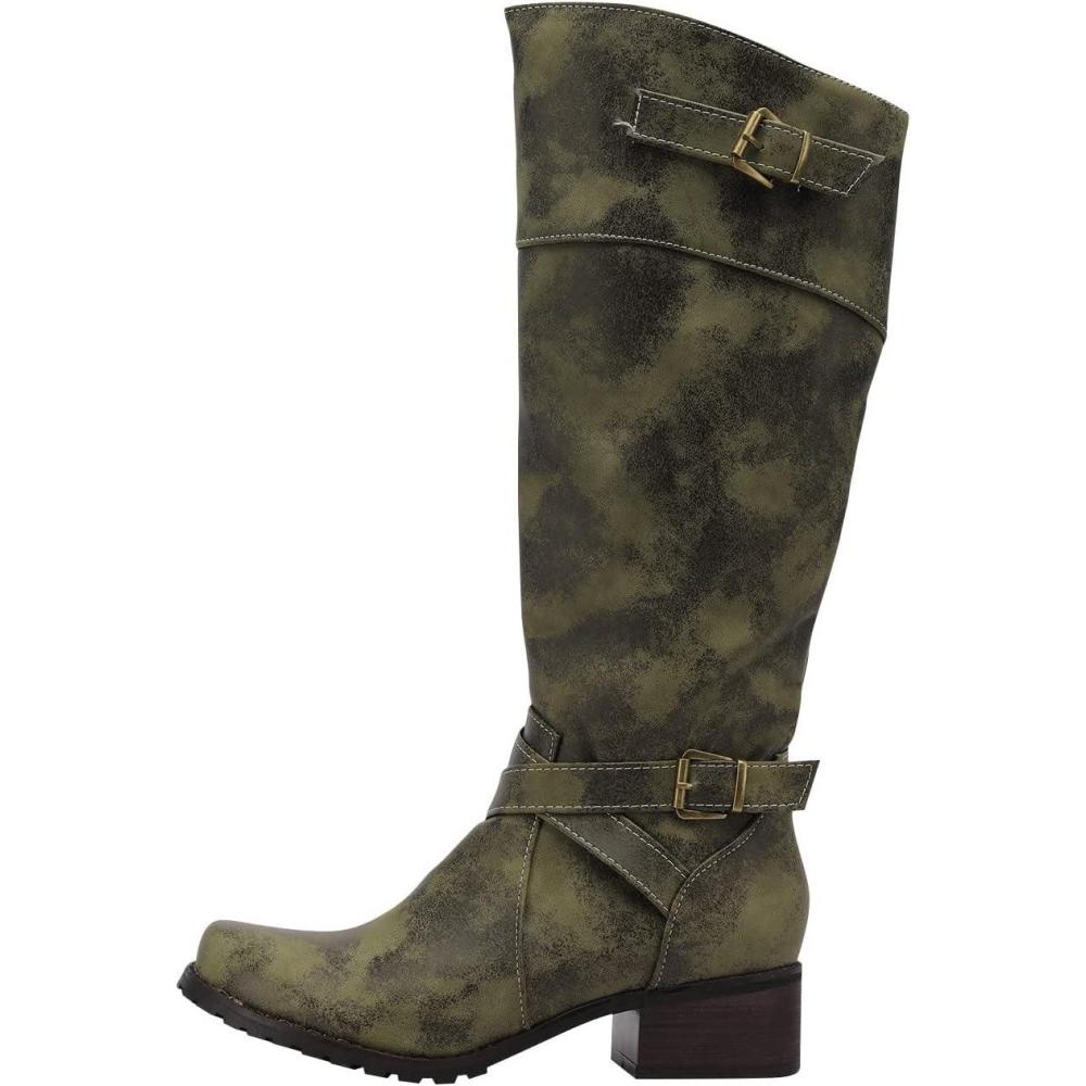 image:imageBottes montantes pour femme Large mollet Confortable Boucle bout rond Fermeture clair latrale lgante Talons bas Chaudes enfiler Bottes dhiverVert