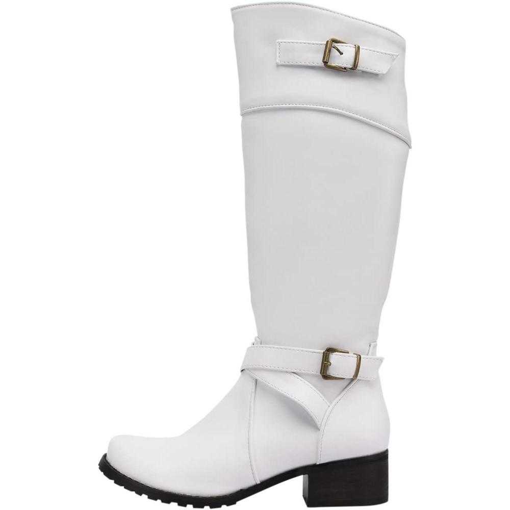 image:imageBottes montantes pour femme Large mollet Confortable Boucle bout rond Fermeture clair latrale lgante Talons bas Chaudes enfiler Bottes dhiverBlanc