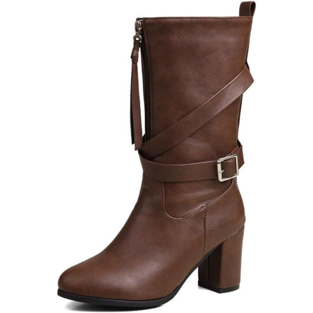 image:imageChaussure Femme Bottes Cavalieres Femme Chaussures Pieds Larges Botte Caoutchouc Chaudes Haute Hiver Equitation Pour Mollet Large Chaussure Fourre De Randonne Confortable Bottines CompensesBrun B