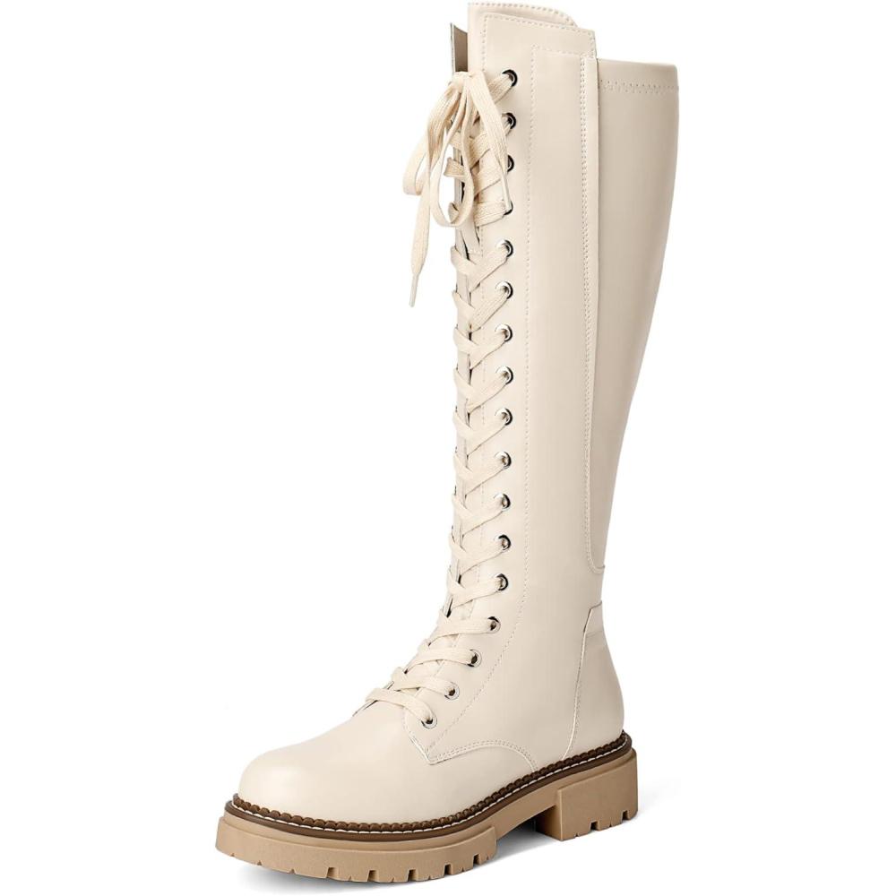 image:imageDREAM PAIRS Bottes Hautes au Genou pour Femmes Chaussures Longues Lacets Bottes Dcontractes la ModeBeige