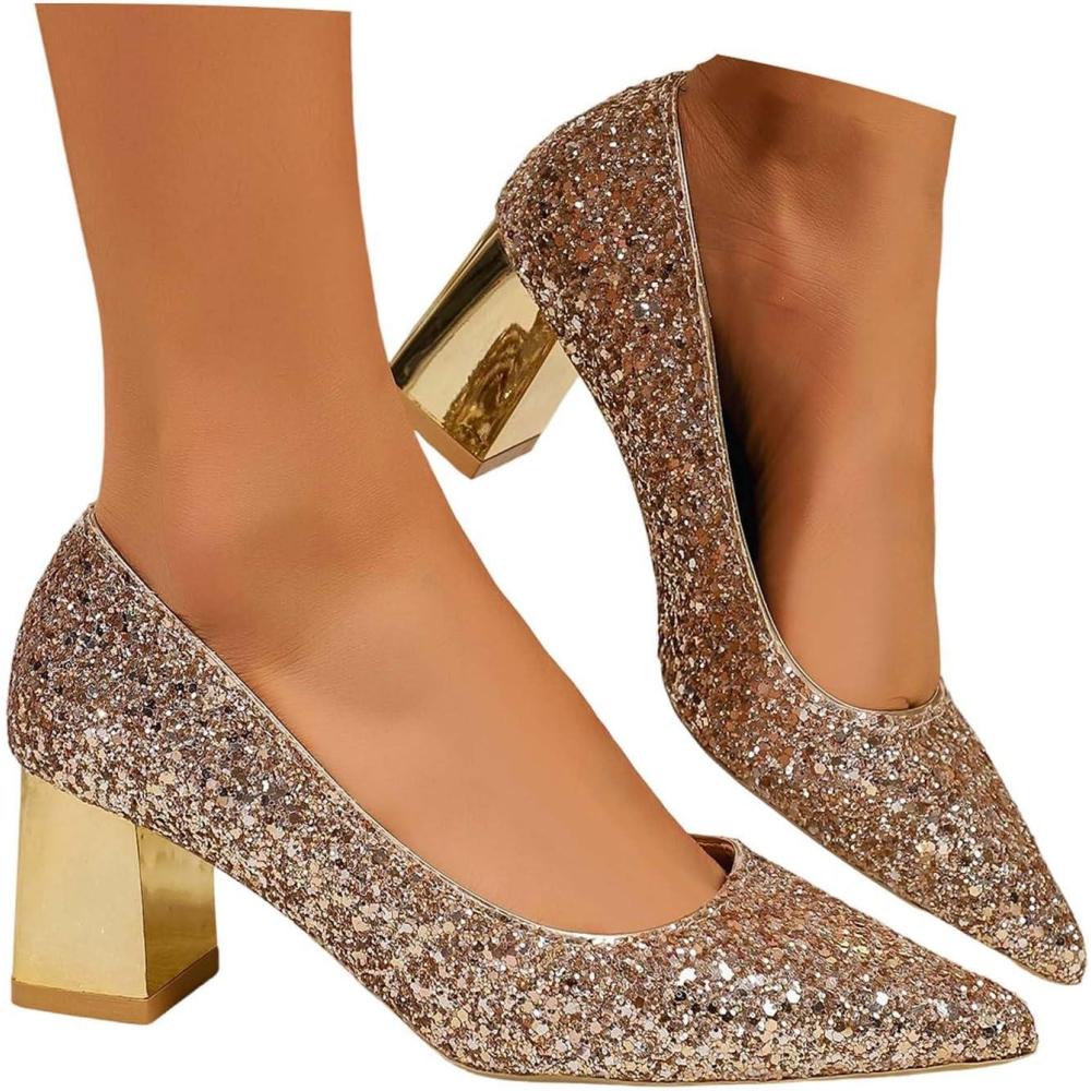 image:imageEscarpins lgante robe paillete avec talon pais pour soires lgantes  Chaussures  paillettes scintillantes  talons confortablesOr