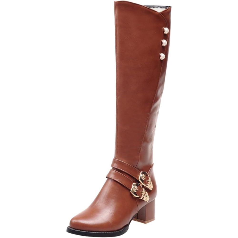 image:imageFemme Bottes Hautes Talon Bloc Bordeaux Avec Boucles Dores Grande Taille Chaude Doublure Bottes Style Cavalier lgant Boots Chaussures Automne Et HiverBrun