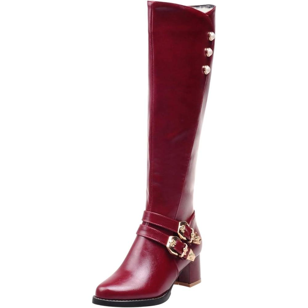 image:imageFemme Bottes Hautes Talon Bloc Bordeaux Avec Boucles Dores Grande Taille Chaude Doublure Bottes Style Cavalier lgant Boots Chaussures Automne Et HiverRouge