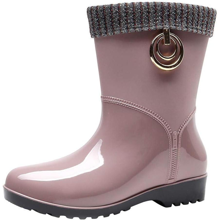 image:imagePunk Style Mid Bottes de neige chaudes pour femme Bottes de pluie antidrapantes Chaussures aquatiquesBeige