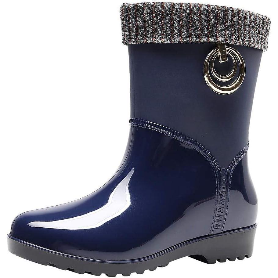 image:imagePunk Style Mid Bottes de neige chaudes pour femme Bottes de pluie antidrapantes Chaussures aquatiquesBleu