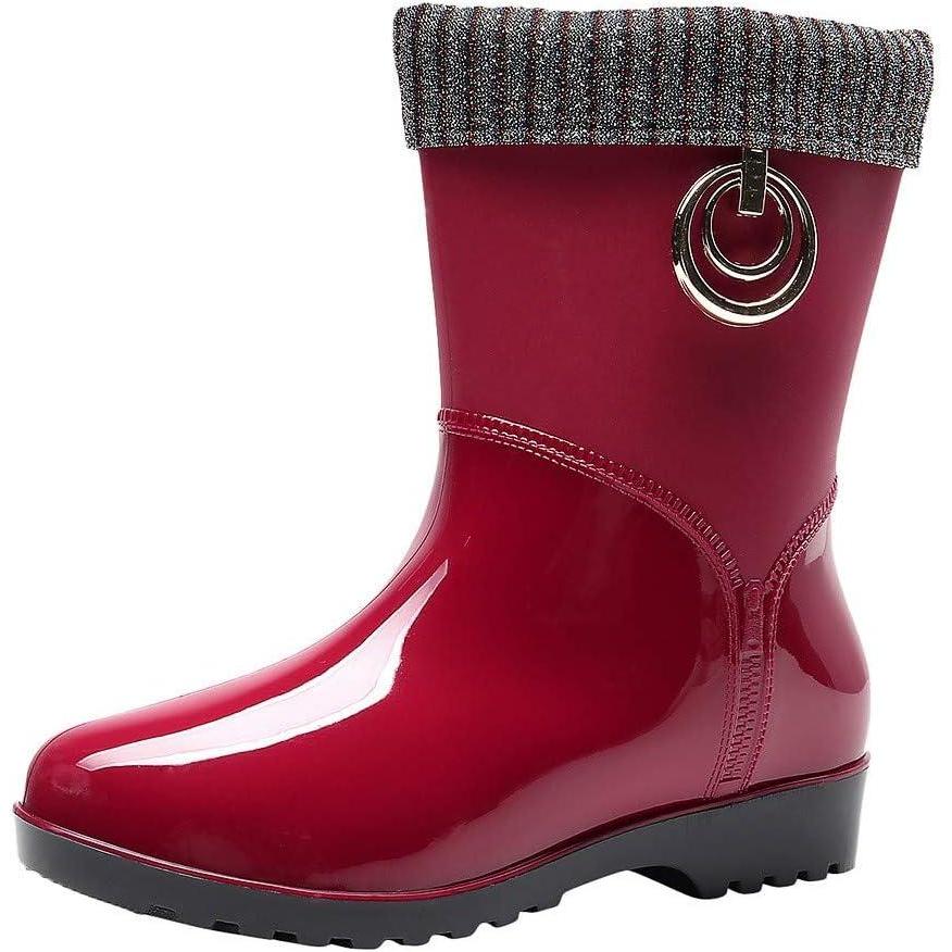 image:imagePunk Style Mid Bottes de neige chaudes pour femme Bottes de pluie antidrapantes Chaussures aquatiquesRouge