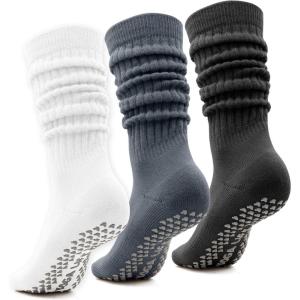 3 Paires Chaussettes Hautes Femme Antidérapantes Taille 35-39, Chaudes Thermiques Tricotées Chaussettes Empilées Montantes Longues Femme en Coton Antidérapantes pour Bottes Yoga Pilates(A)
