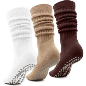3 Paires Chaussettes Hautes Femme Antidérapantes Taille 35-39, Chaudes Thermiques Tricotées Chaussettes Empilées Montantes Longues Femme en Coton Antidérapantes pour Bottes Yoga Pilates(B)