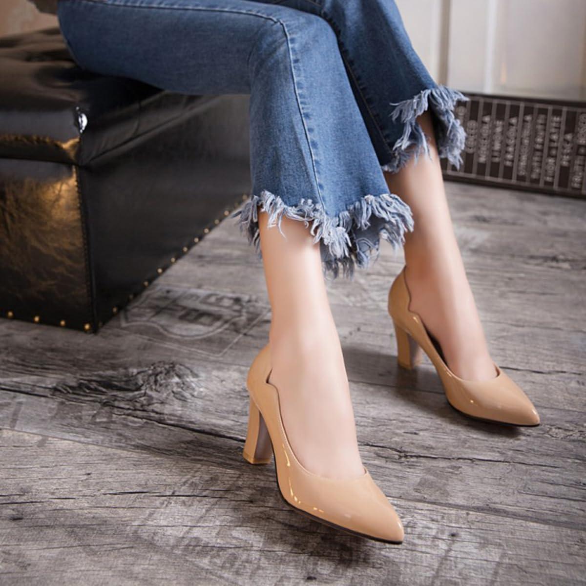 image:imageEscarpins Talon Haut Enfiler pour Femme Bout Pointu Talon pais Cuir Verni Chaussures pour Bureau Affaires et Occasions FormellesApricot