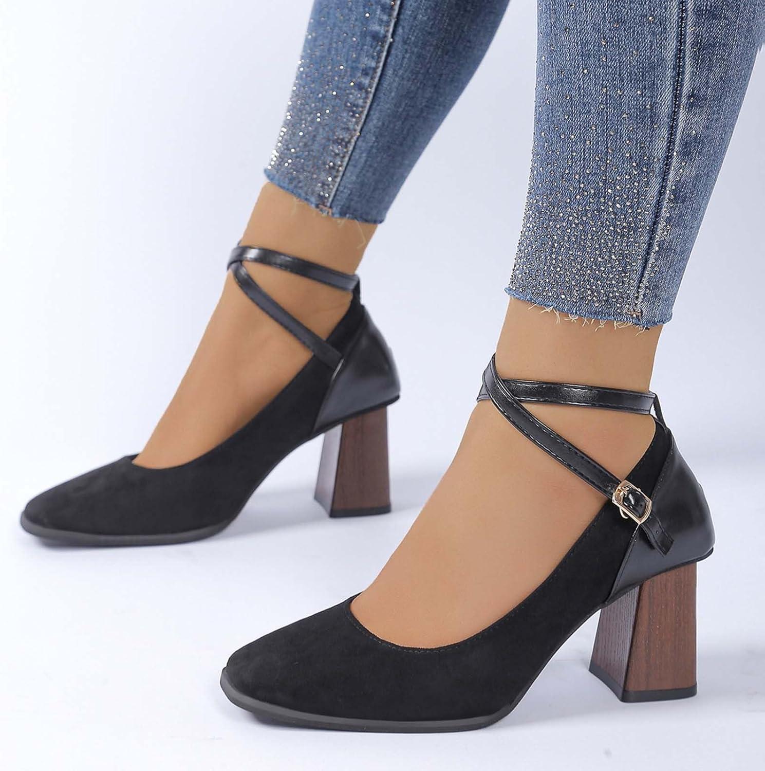 image:imageEscarpins Femme Elegant Chaussures Mary Jane Talons pais Bout Carr en Cuir Sud Patchwork Brides Croises Classiques et Simples pour Soire Fte Robe De Banquet MarieLe Noir