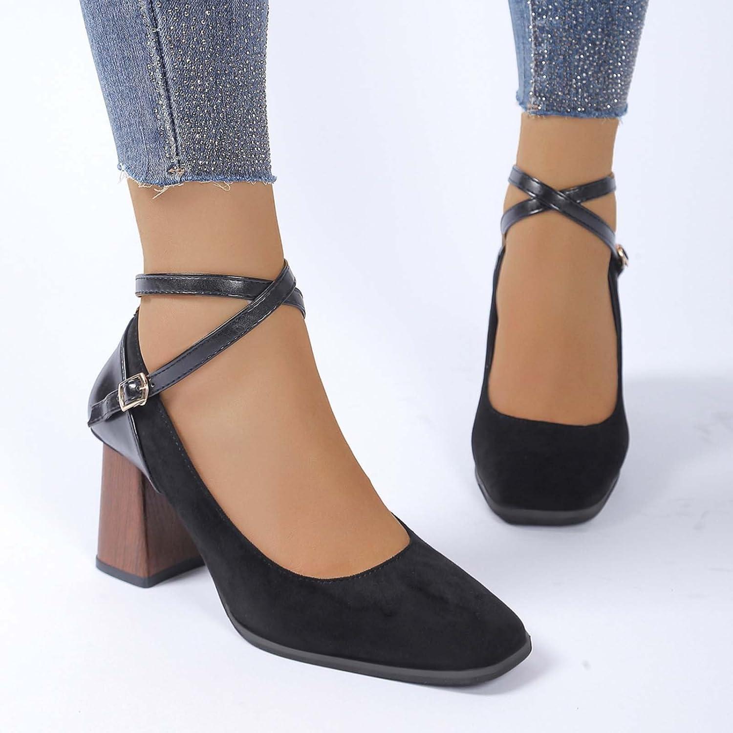 image:imageEscarpins Femme Elegant Chaussures Mary Jane Talons pais Bout Carr en Cuir Sud Patchwork Brides Croises Classiques et Simples pour Soire Fte Robe De Banquet MarieLe Noir