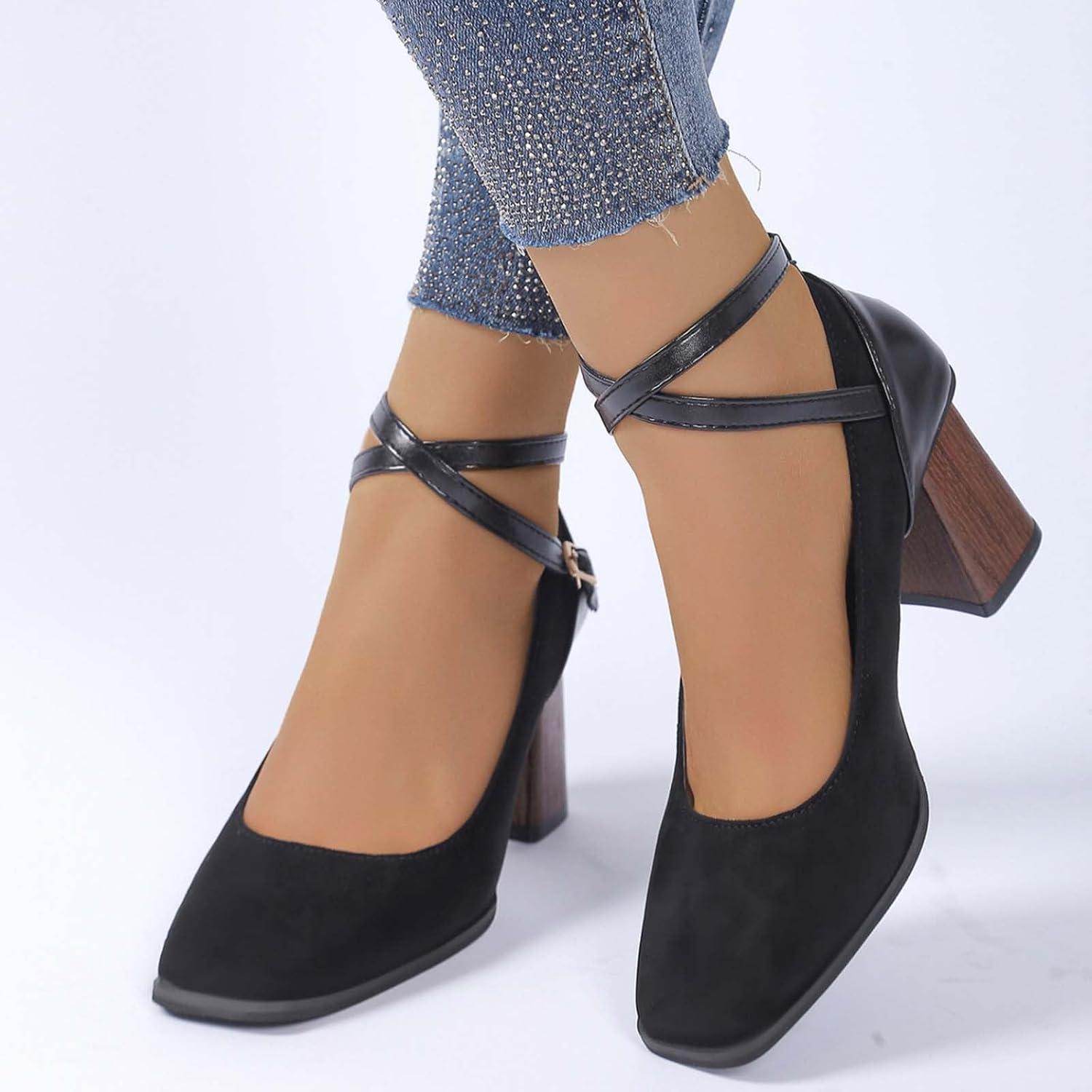 image:imageEscarpins Femme Elegant Chaussures Mary Jane Talons pais Bout Carr en Cuir Sud Patchwork Brides Croises Classiques et Simples pour Soire Fte Robe De Banquet MarieLe Noir