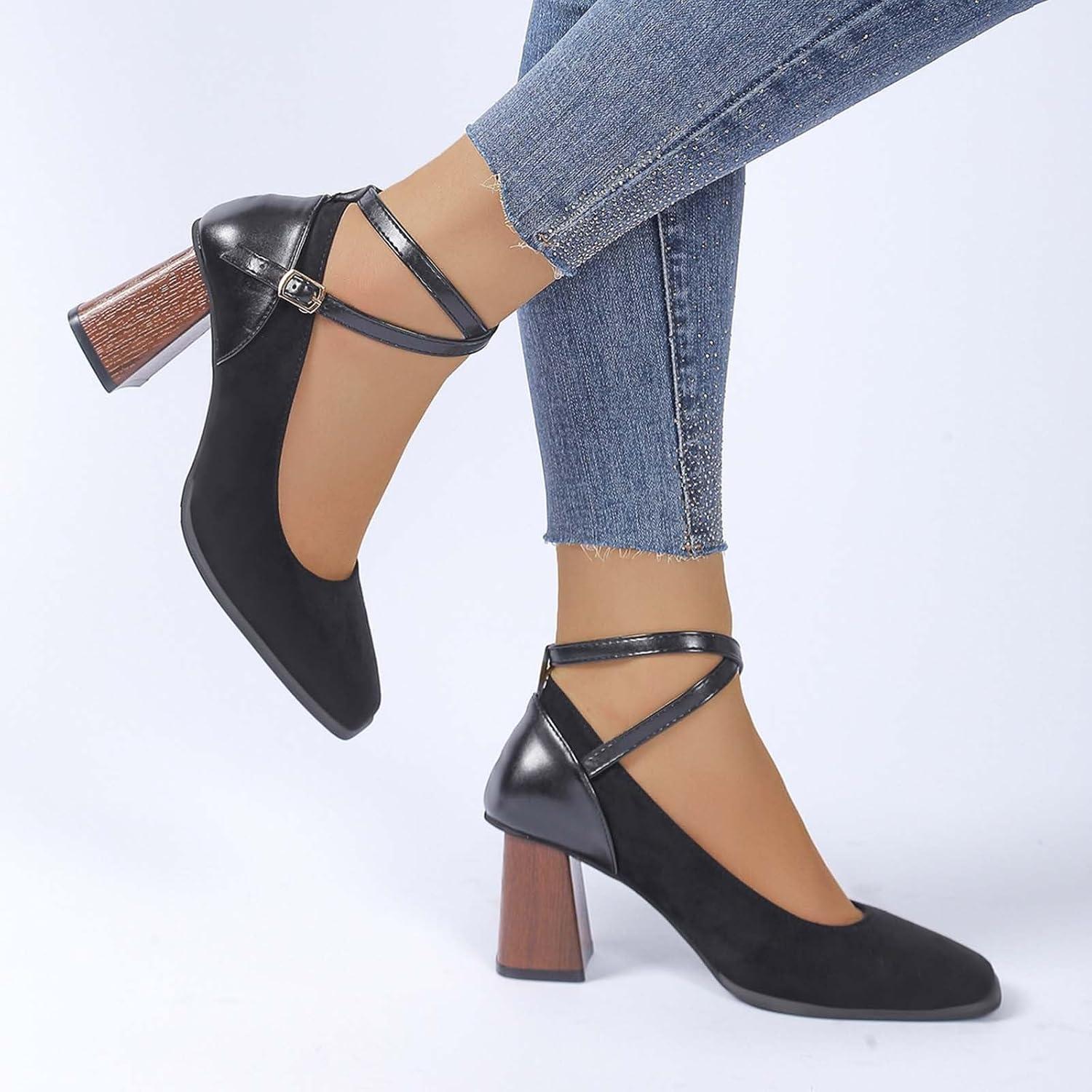 image:imageEscarpins Femme Elegant Chaussures Mary Jane Talons pais Bout Carr en Cuir Sud Patchwork Brides Croises Classiques et Simples pour Soire Fte Robe De Banquet MarieLe Noir
