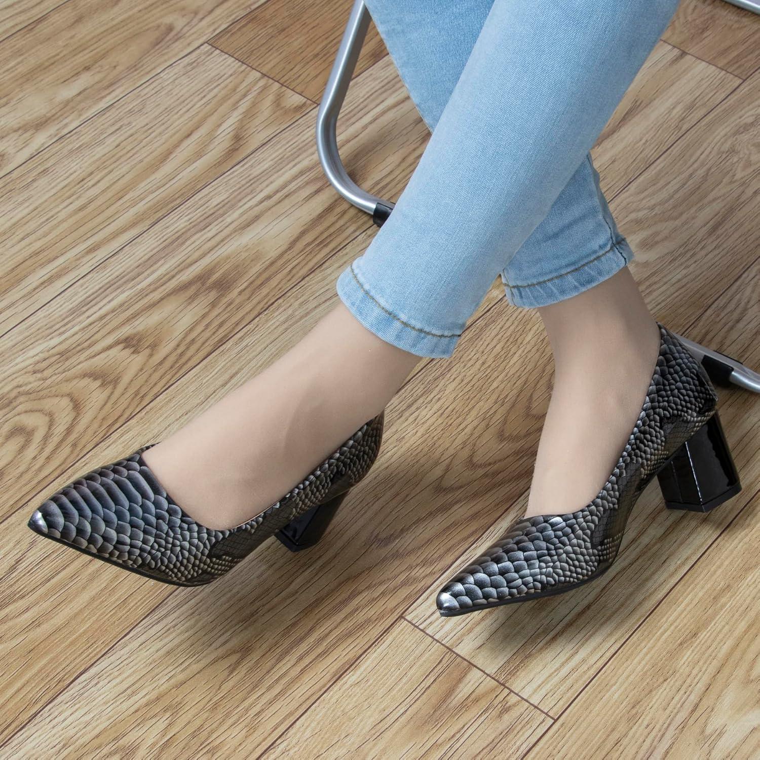image:imageEscarpins pais Bout ferm et Pointu pour Femme 5 cm imprim Peau de Serpent Talons Bas Cuir Verni habills Confortables Enfiler pour soires et Tous Les JoursArgent