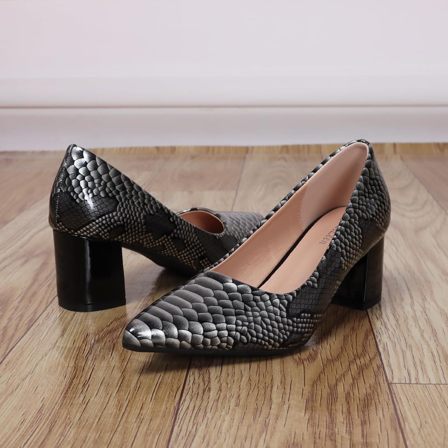 image:imageEscarpins pais Bout ferm et Pointu pour Femme 5 cm imprim Peau de Serpent Talons Bas Cuir Verni habills Confortables Enfiler pour soires et Tous Les JoursArgent