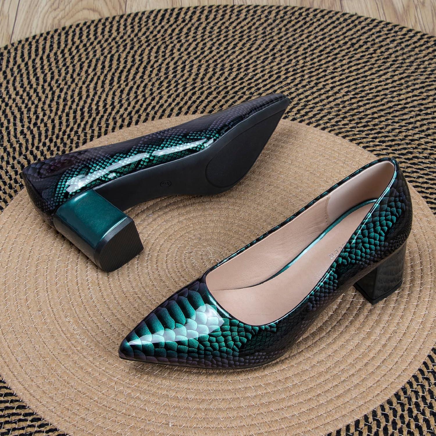 image:imageEscarpins pais Bout ferm et Pointu pour Femme 5 cm imprim Peau de Serpent Talons Bas Cuir Verni habills Confortables Enfiler pour soires et Tous Les JoursVert