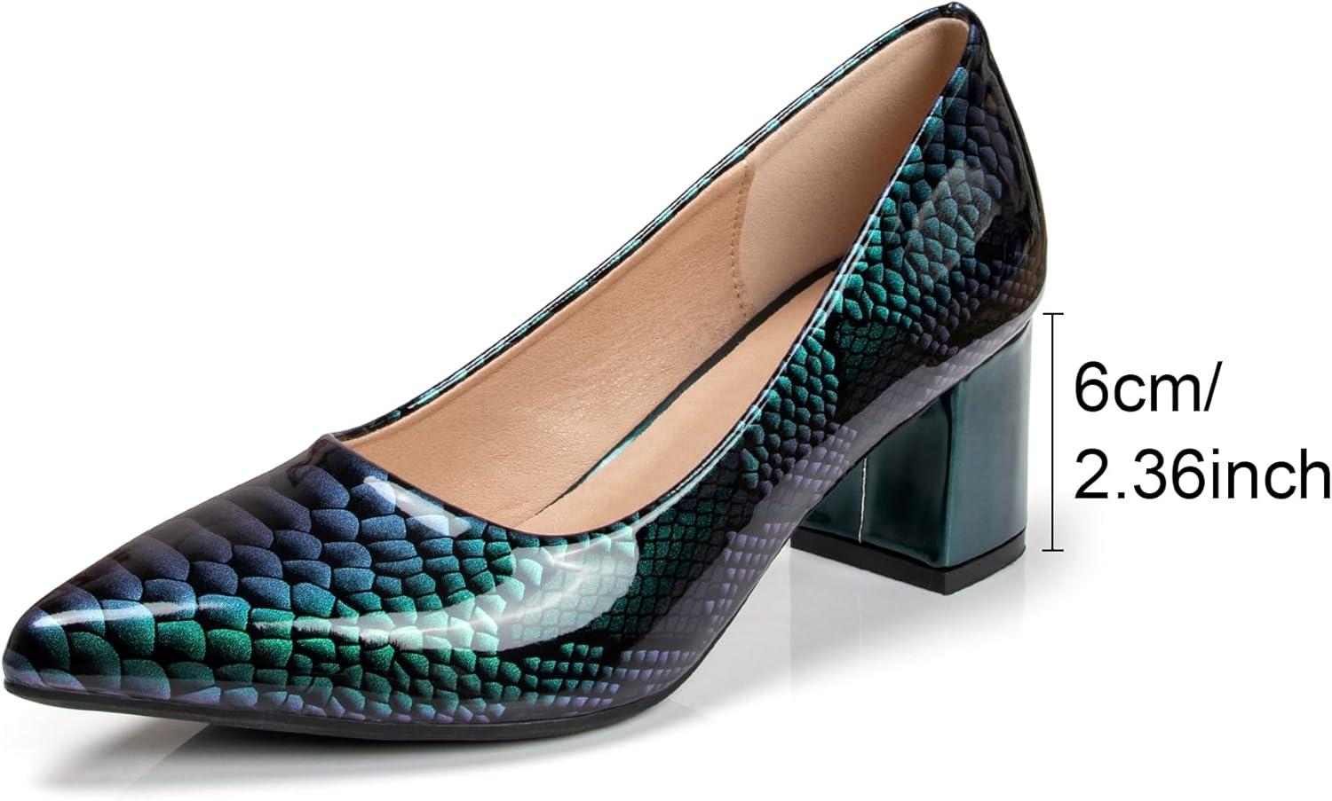 image:imageEscarpins pais Bout ferm et Pointu pour Femme 5 cm imprim Peau de Serpent Talons Bas Cuir Verni habills Confortables Enfiler pour soires et Tous Les JoursVert