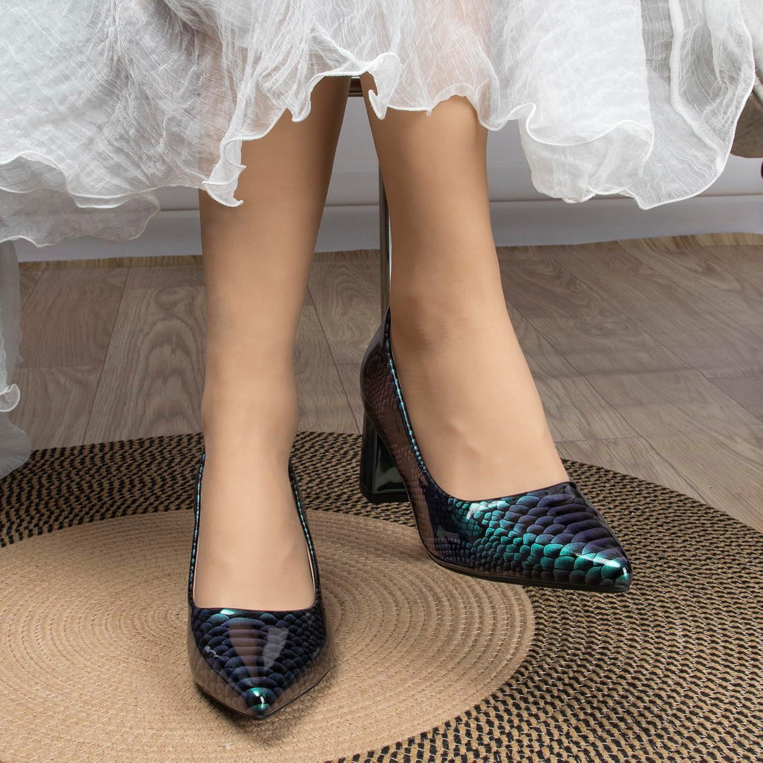 image:imageEscarpins pais Bout ferm et Pointu pour Femme 5 cm imprim Peau de Serpent Talons Bas Cuir Verni habills Confortables Enfiler pour soires et Tous Les JoursVert
