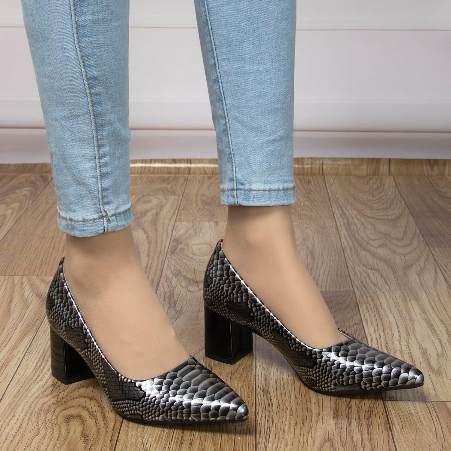 image:imageEscarpins pais Bout ferm et Pointu pour Femme 5 cm imprim Peau de Serpent Talons Bas Cuir Verni habills Confortables Enfiler pour soires et Tous Les JoursArgent